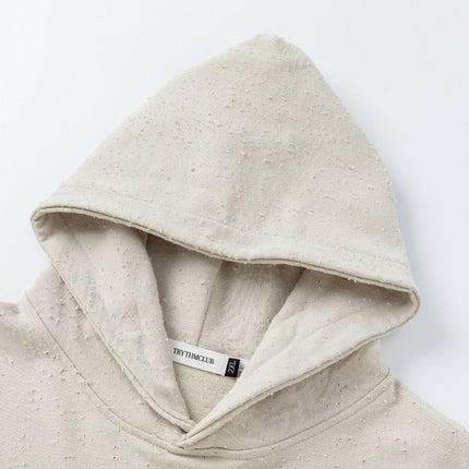 TALKLESSFASHION 27420 American street trend neutral trend retro full of worn hole design short and wide men's hooded sweatshirt