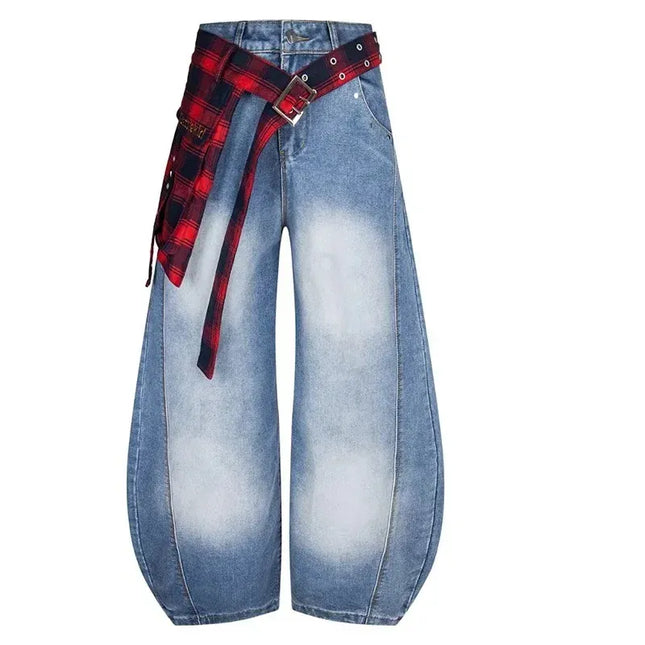 TALKLESSFASHION 2Xl / Light  Blue TALKLESS Washed Plaid Belt Barrel Jeans—5227
