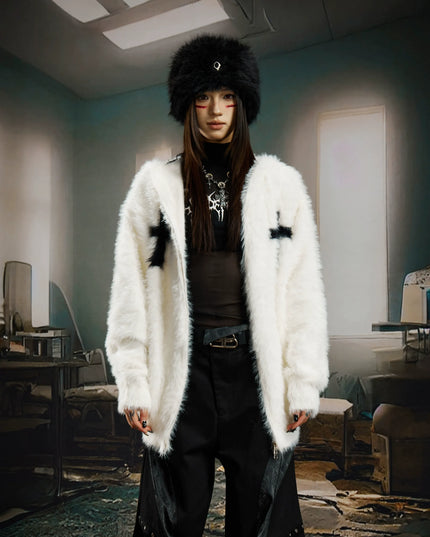 TALKLESSFASHION 2XL / white Y2K Mohair Hooded Cardigan