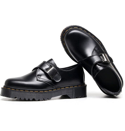 TALKLESSFASHION 34 / Black - matte 3.5 cm 1461 buckle platform low-top boots, British style casual small leather shoes, versatile student height increase thin booties women's 3.5