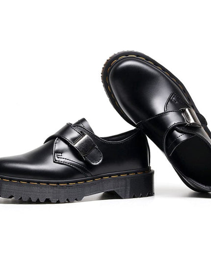 TALKLESSFASHION 34 / Black - matte 3.5 cm 1461 buckle platform low-top boots, British style casual small leather shoes, versatile student height increase thin booties women's 3.5