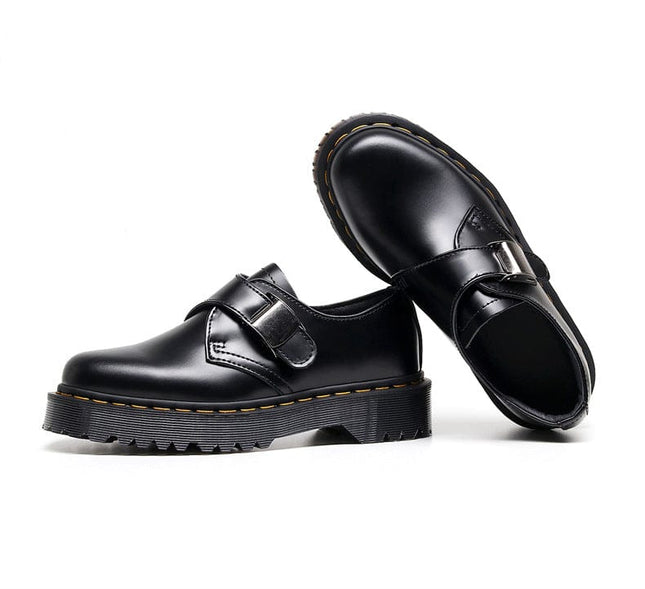 TALKLESSFASHION 34 / Black - matte 3.5 cm 1461 buckle platform low-top boots, British style casual small leather shoes, versatile student height increase thin booties women's 3.5