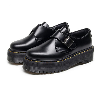 TALKLESSFASHION 34 / Black - matte 5 cm 1461 buckle platform low-top boots, British style casual small leather shoes, versatile student height increase thin booties women's 3.5