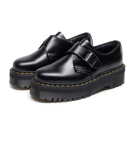 TALKLESSFASHION 34 / Black - matte 5 cm 1461 buckle platform low-top boots, British style casual small leather shoes, versatile student height increase thin booties women's 3.5