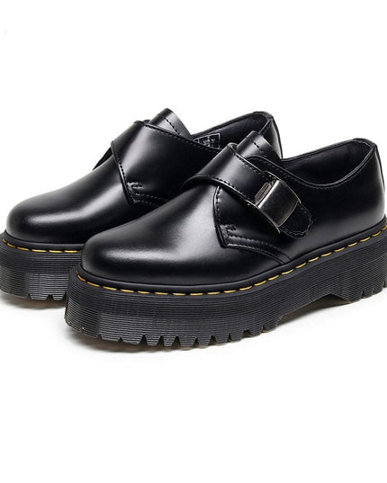 TALKLESSFASHION 34 / Black - matte 5 cm 1461 buckle platform low-top boots, British style casual small leather shoes, versatile student height increase thin booties women's 3.5