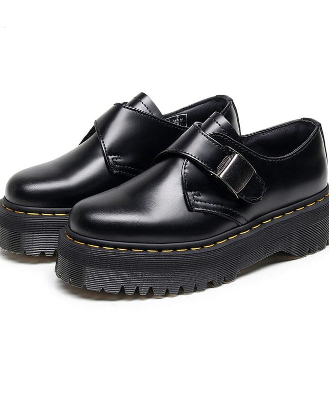 TALKLESSFASHION 34 / Black - matte 5 cm 1461 buckle platform low-top boots, British style casual small leather shoes, versatile student height increase thin booties women's 3.5