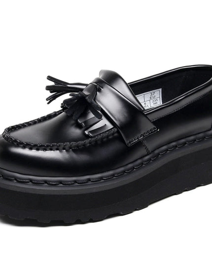 TALKLESSFASHION 35 / Black Line [No foot grinding] lightweight-platform tassel loafers, female genuine leather low-top heightened black small leather shoes four-season boots 5