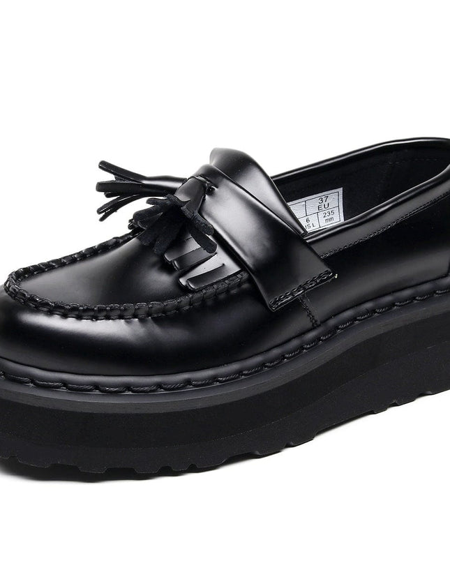 TALKLESSFASHION 35 / Black Line [No foot grinding] lightweight-platform tassel loafers, female genuine leather low-top heightened black small leather shoes four-season boots 5