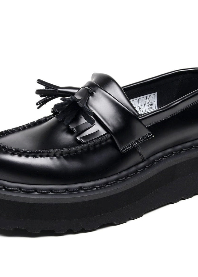 TALKLESSFASHION 35 / Black Line [No foot grinding] lightweight-platform tassel loafers, female genuine leather low-top heightened black small leather shoes four-season boots 5