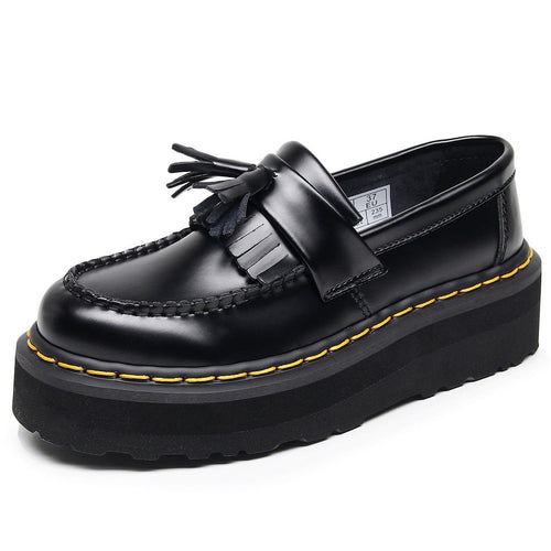 THETLSTUDIO 35 / Yellow Line [No foot grinding] lightweight-platform tassel loafers, female genuine leather low-top heightened black small leather shoes four-season boots 5