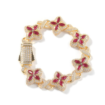 TALKLESSFASHION 7inch bracelet / Golden red corundum Hip-hop rap chain, infinite clover bracelet, fashion cool ruffian, high-end 5A zircon color necklace jewelry