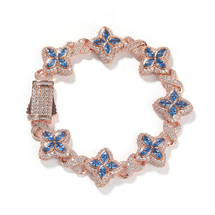 TALKLESSFASHION 7inch bracelet / Rose gold sea blue Hip-hop rap chain, infinite clover bracelet, fashion cool ruffian, high-end 5A zircon color necklace jewelry