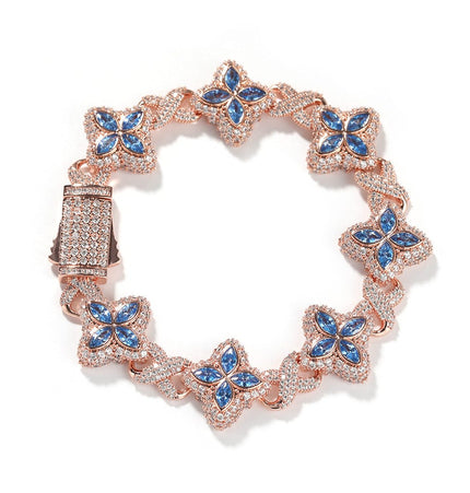 TALKLESSFASHION 7inch bracelet / Rose gold sea blue Hip-hop rap chain, infinite clover bracelet, fashion cool ruffian, high-end 5A zircon color necklace jewelry