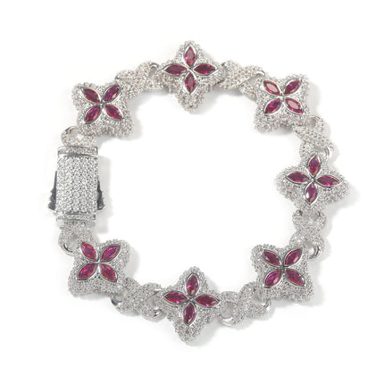 TALKLESSFASHION 7inch bracelet / Silver red corundum Hip-hop rap chain, infinite clover bracelet, fashion cool ruffian, high-end 5A zircon color necklace jewelry