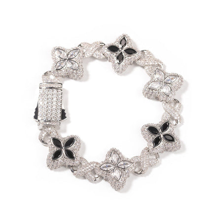 TALKLESSFASHION 7inch bracelet / Silver white + black Hip-hop rap chain, infinite clover bracelet, fashion cool ruffian, high-end 5A zircon color necklace jewelry