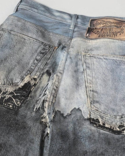 TALKLESSFASHION AC Feng Gao Street Old Jeans Heavy Work Washing Hand Destroyed Raw Edge Men and Women Vintage Scimitar Loose Pants