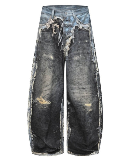 TALKLESSFASHION AC Feng Gao Street Old Jeans Heavy Work Washing Hand Destroyed Raw Edge Men and Women Vintage Scimitar Loose Pants