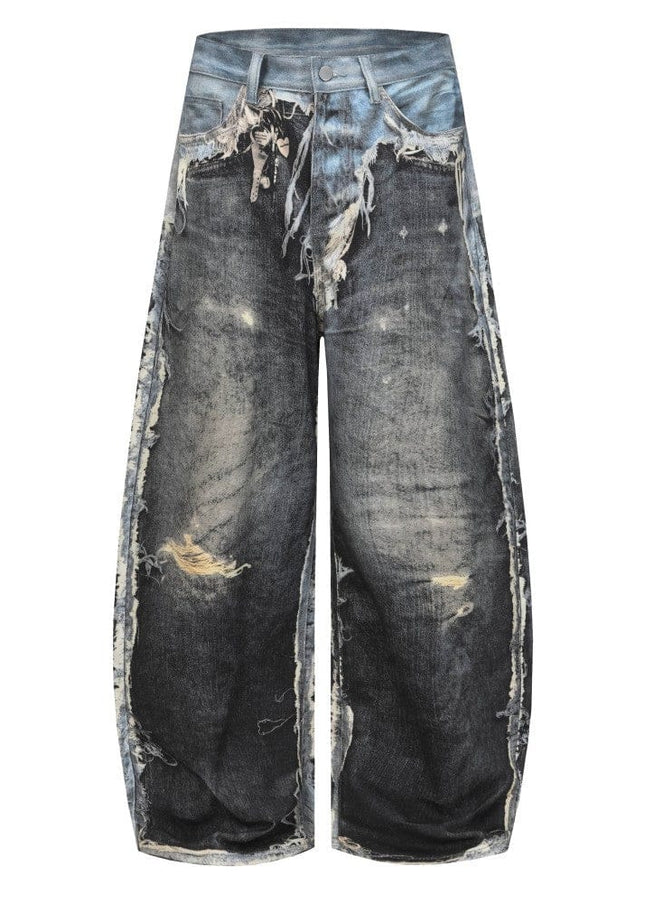 TALKLESSFASHION AC Feng Gao Street Old Jeans Heavy Work Washing Hand Destroyed Raw Edge Men and Women Vintage Scimitar Loose Pants