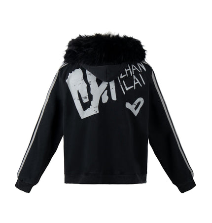 THETLSTUDIO American fur collar detachable hooded fleece sweatshirt for women 2025 winter loose tie-dye distressed cardigan jacket for men