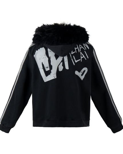TALKLESSFASHION American fur collar detachable hooded fleece sweatshirt for women 2025 winter loose tie-dye distressed cardigan jacket for men