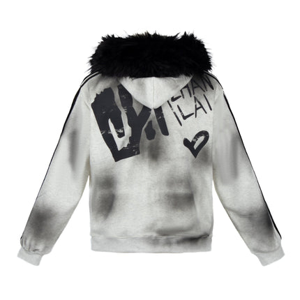 TALKLESSFASHION American fur collar detachable hooded fleece sweatshirt for women 2025 winter loose tie-dye distressed cardigan jacket for men
