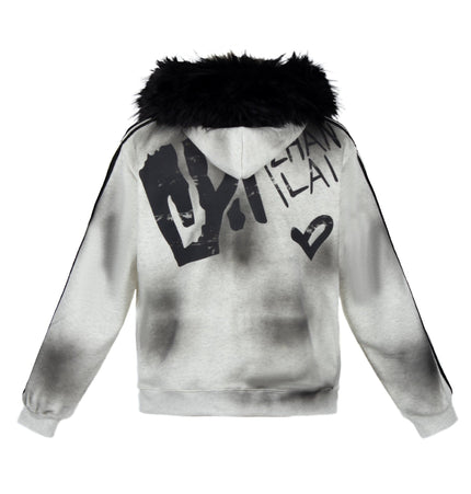THETLSTUDIO American fur collar detachable hooded fleece sweatshirt for women 2025 winter loose tie-dye distressed cardigan jacket for men