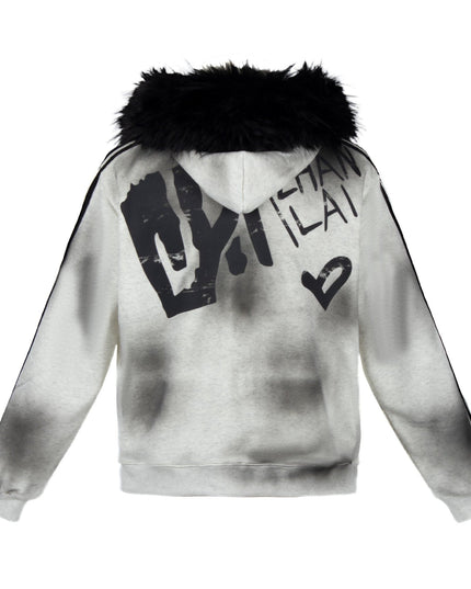 TALKLESSFASHION American fur collar detachable hooded fleece sweatshirt for women 2025 winter loose tie-dye distressed cardigan jacket for men