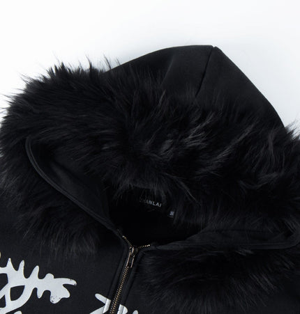 THETLSTUDIO American fur collar detachable hooded fleece sweatshirt for women 2025 winter loose tie-dye distressed cardigan jacket for men