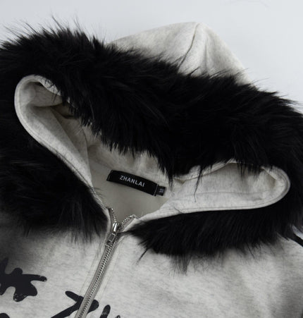 THETLSTUDIO American fur collar detachable hooded fleece sweatshirt for women 2025 winter loose tie-dye distressed cardigan jacket for men