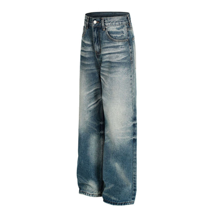 TALKLESSFASHION American high street washed cat beard jeans for men and women couples cleanfit retro straight leg slim trousers trend