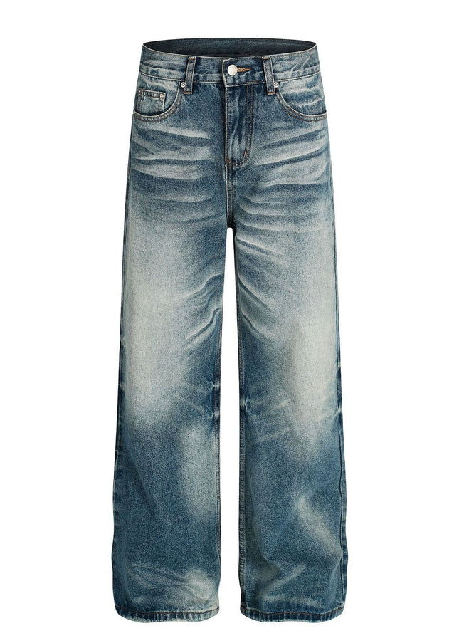 TALKLESSFASHION American high street washed cat beard jeans for men and women couples cleanfit retro straight leg slim trousers trend