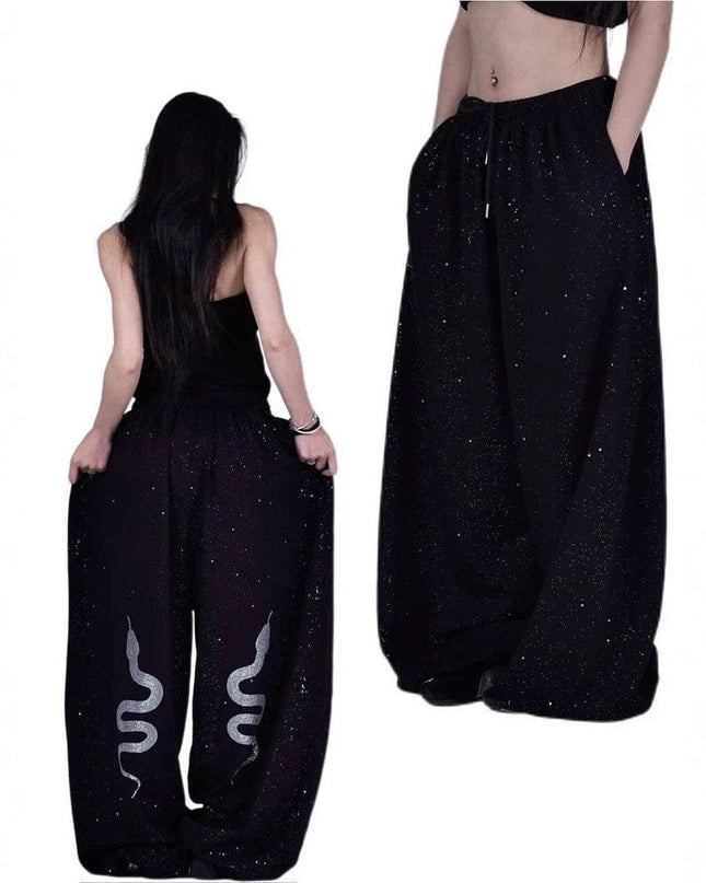 TALKLESSFASHION American hot diamond sprinkled sparkling snake print glitter pants women's loose street dance jazz jzza casual sports sweatpants