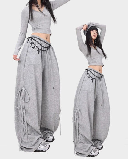 TALKLESSFASHION American lazy and loose streamer strappy gray sweatpants hot girl jazz dance hip hop loose straight scimitar pants