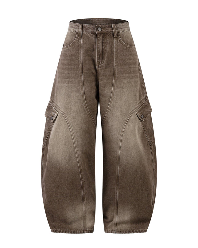 TALKLESSFASHION American retro deconstruction splicing washed white scimitar jeans for men and women slimming wide leg loose casual trousers