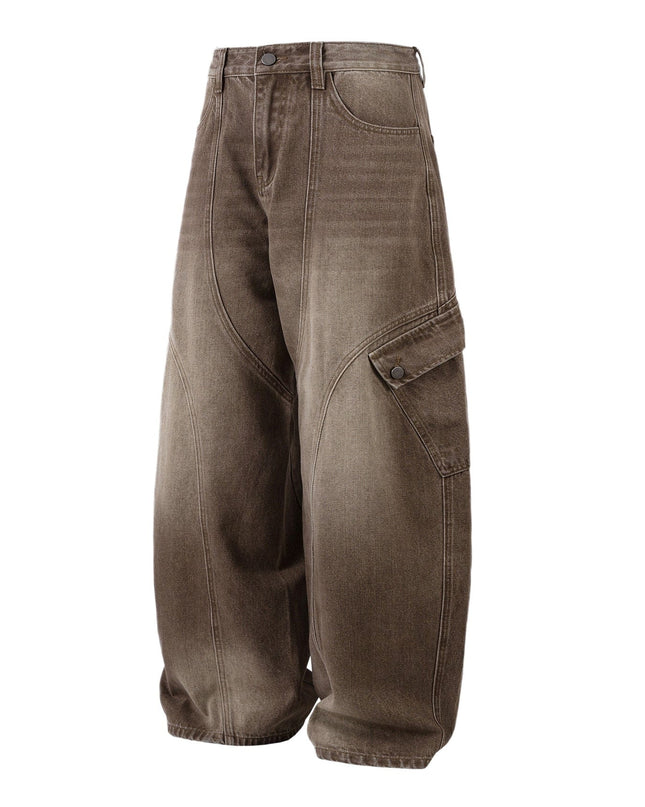 TALKLESSFASHION American retro deconstruction splicing washed white scimitar jeans for men and women slimming wide leg loose casual trousers