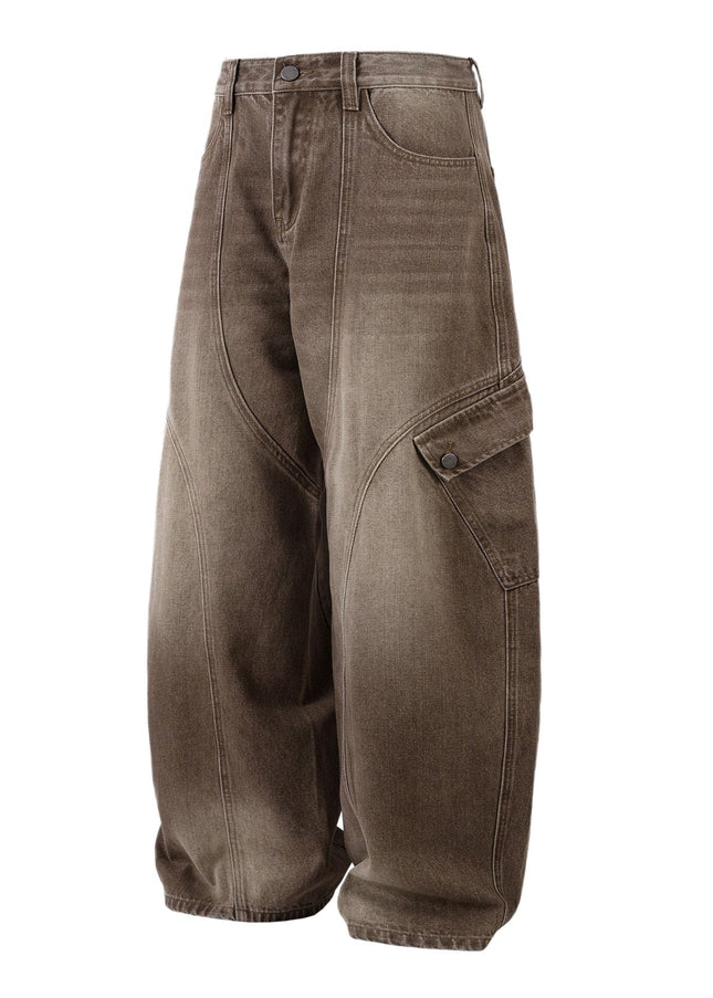 TALKLESSFASHION American retro deconstruction splicing washed white scimitar jeans for men and women slimming wide leg loose casual trousers