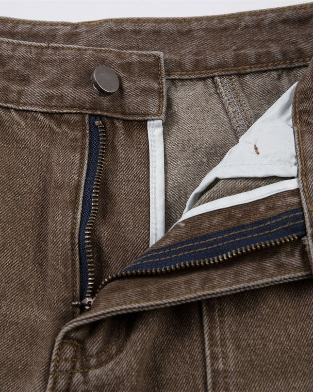 TALKLESSFASHION American retro deconstruction splicing washed white scimitar jeans for men and women slimming wide leg loose casual trousers