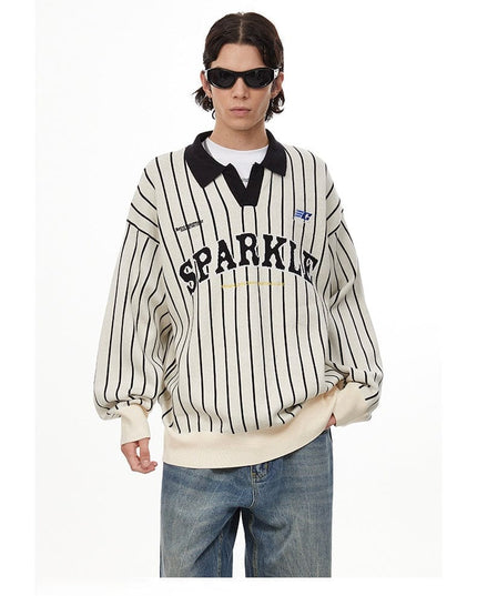 TALKLESSFASHION American retro polo collar striped sweater —-7087
