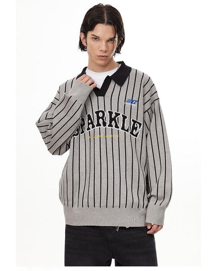 TALKLESSFASHION American retro polo collar striped sweater —-7087