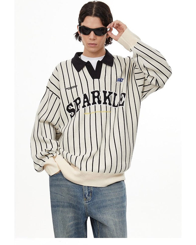 TALKLESSFASHION American retro polo collar striped sweater —-7087