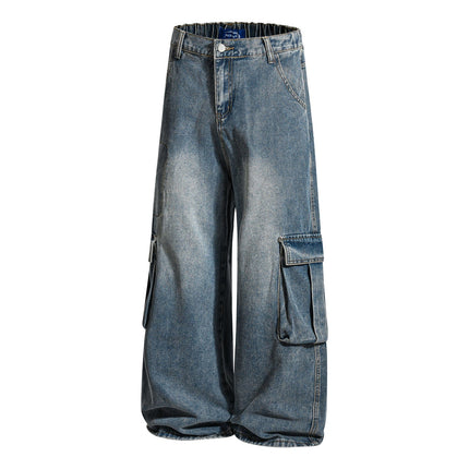 TALKLESSFASHION American retro washed multi-pocket wide-leg jeans for men and women couples are versatile and slim high street casual straight-leg pants