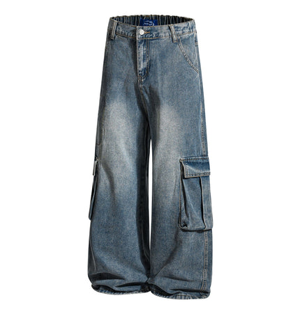 THETLSTUDIO American retro washed multi-pocket wide-leg jeans for men and women couples are versatile and slim high street casual straight-leg pants