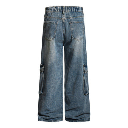 TALKLESSFASHION American retro washed multi-pocket wide-leg jeans for men and women couples are versatile and slim high street casual straight-leg pants