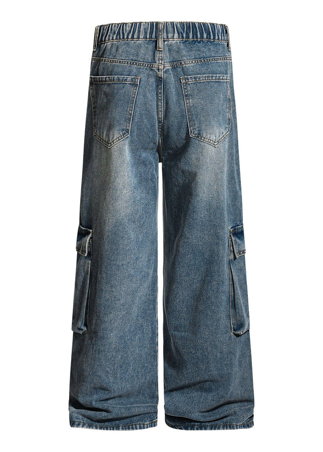 TALKLESSFASHION American retro washed multi-pocket wide-leg jeans for men and women couples are versatile and slim high street casual straight-leg pants