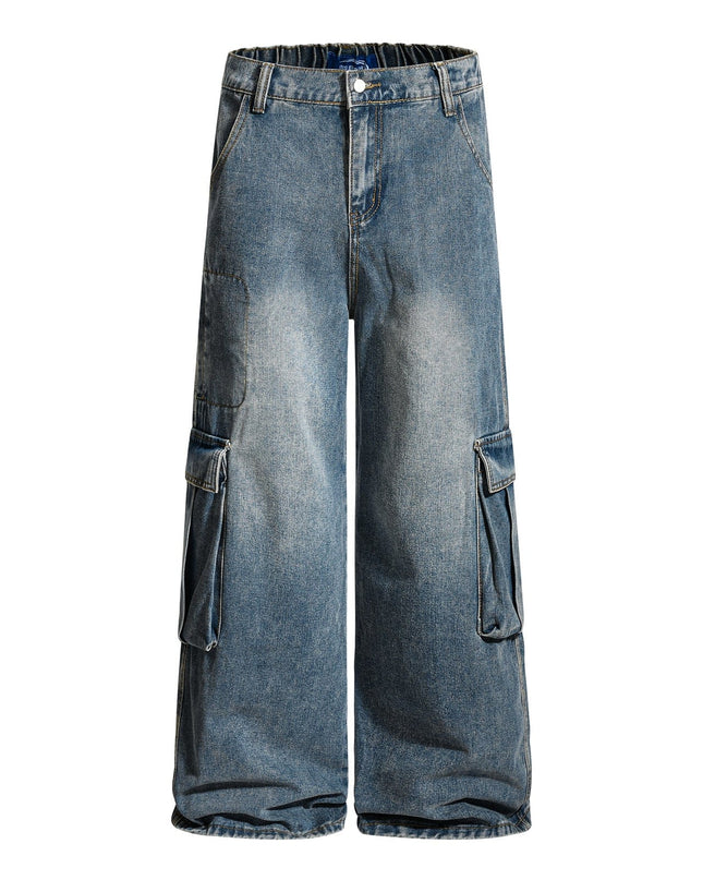 TALKLESSFASHION American retro washed multi-pocket wide-leg jeans for men and women couples are versatile and slim high street casual straight-leg pants