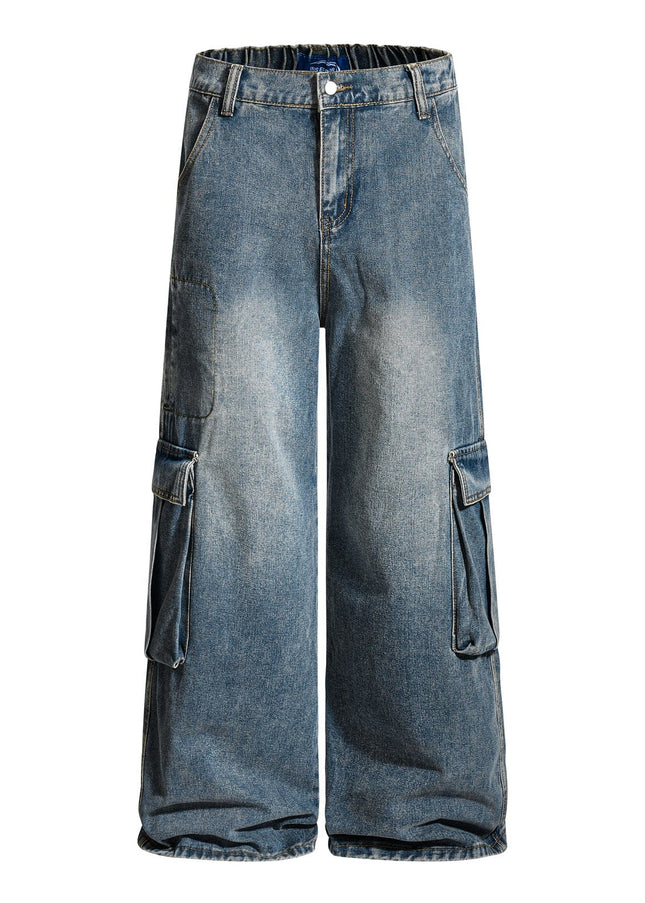 TALKLESSFASHION American retro washed multi-pocket wide-leg jeans for men and women couples are versatile and slim high street casual straight-leg pants