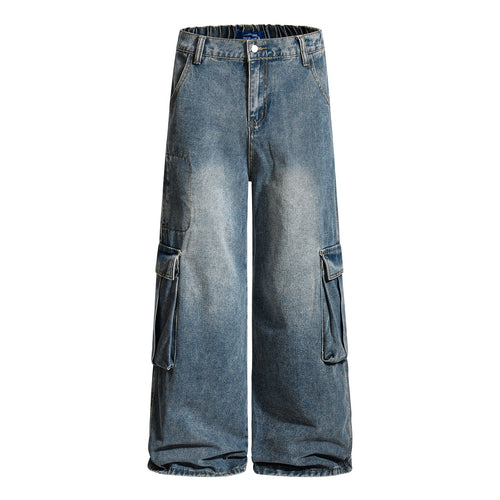 THETLSTUDIO American retro washed multi-pocket wide-leg jeans for men and women couples are versatile and slim high street casual straight-leg pants