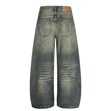 TALKLESSFASHION American retro washed old cat beard scimitar jeans for men and women, loose and versatile floor-length wide-leg pants