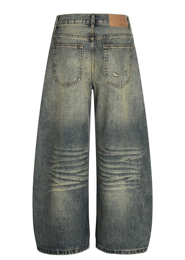 TALKLESSFASHION American retro washed old cat beard scimitar jeans for men and women, loose and versatile floor-length wide-leg pants