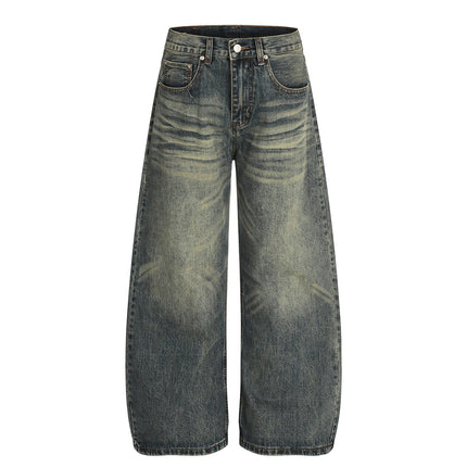 TALKLESSFASHION American retro washed old cat beard scimitar jeans for men and women, loose and versatile floor-length wide-leg pants